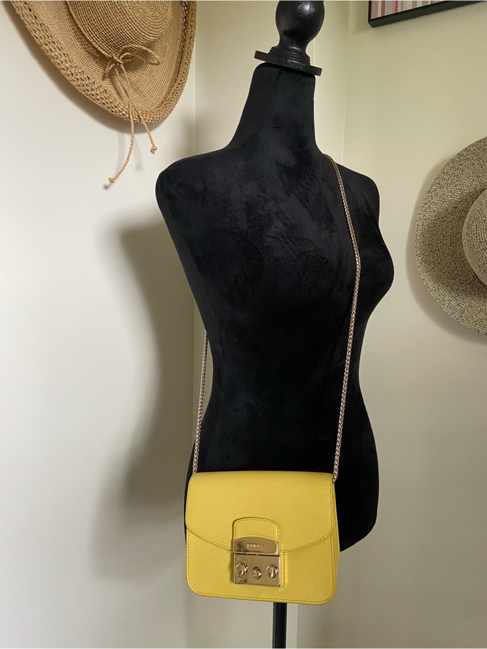 Furla Yellow Leather Crossbody with Gold Chain